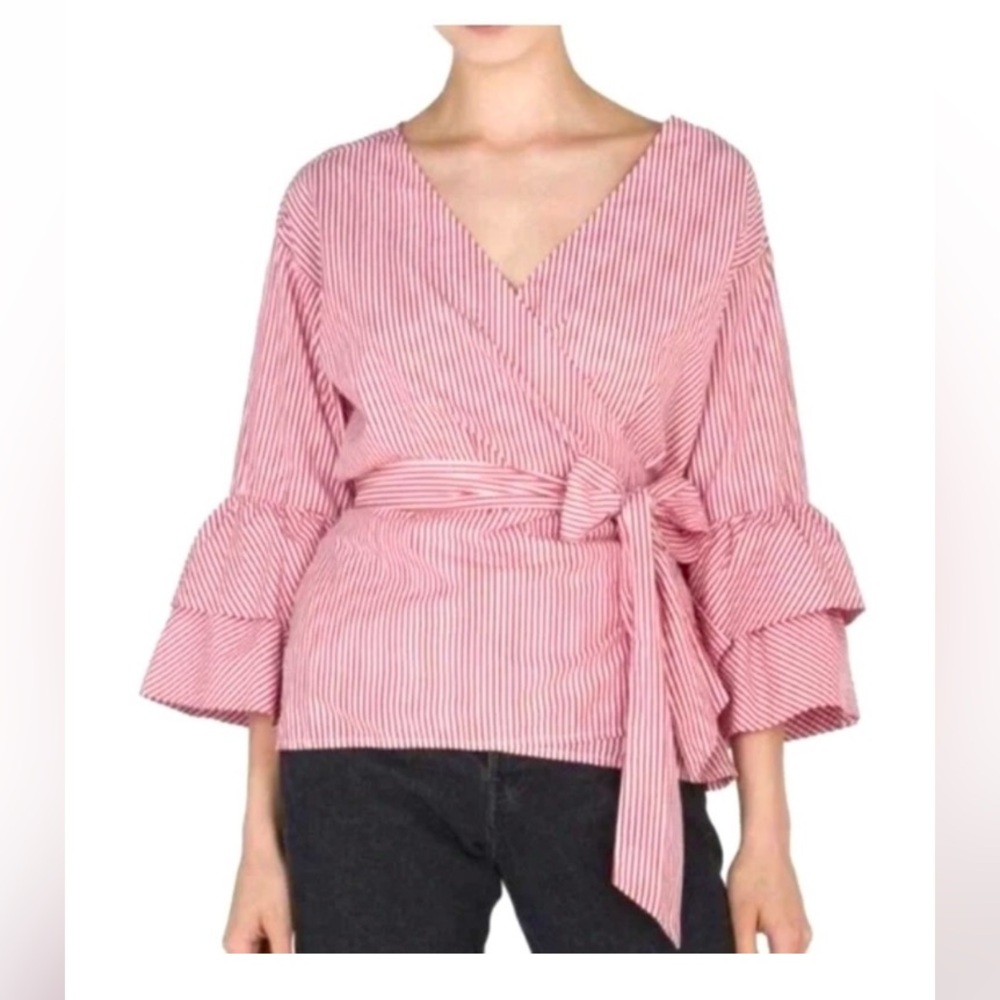 Beach Lounge Lunch Striped Wrap Blouse - Red and White